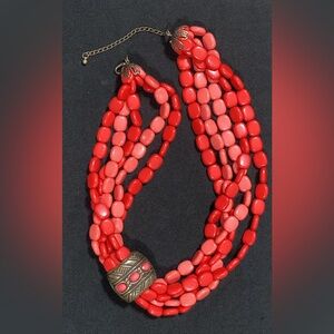 VINTAGE STATEMENT NECKLACE CORAL COLOR RESIN BEADED5 STRAND NECKLACE